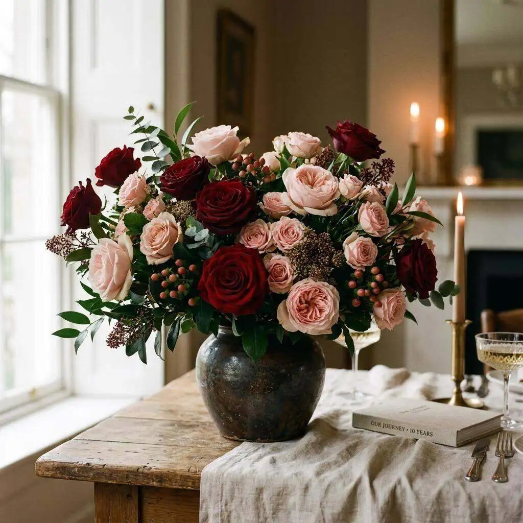 A vase of fresh roses cared for to maximize their vase life
