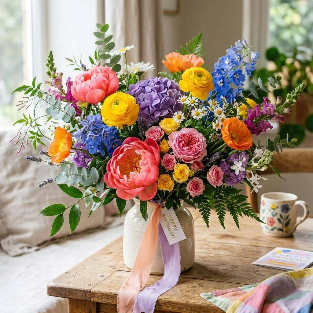 Bright birthday arrangement ready for delivery