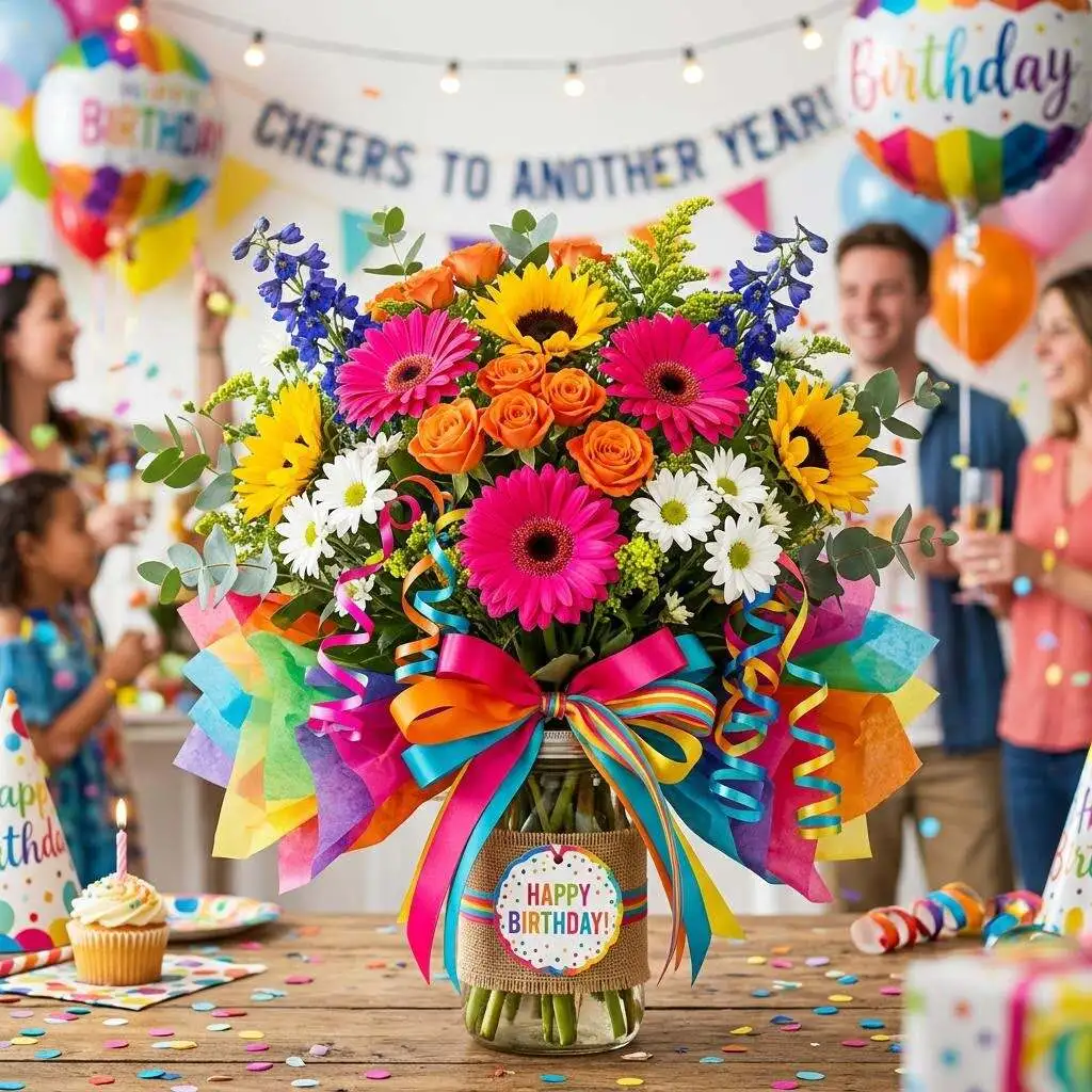 A bright rainbow-colored birthday flower arrangement