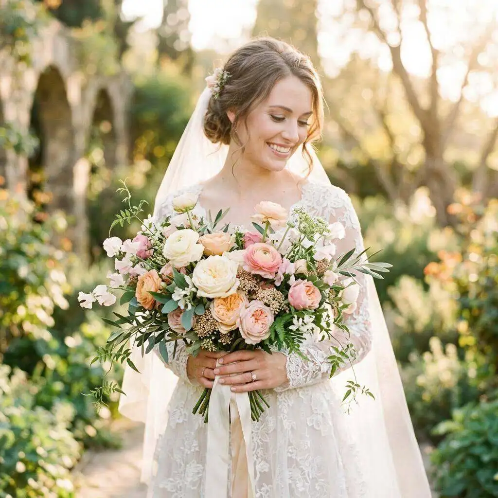 Garden-style bridal bouquet with roses and trailing greenery
