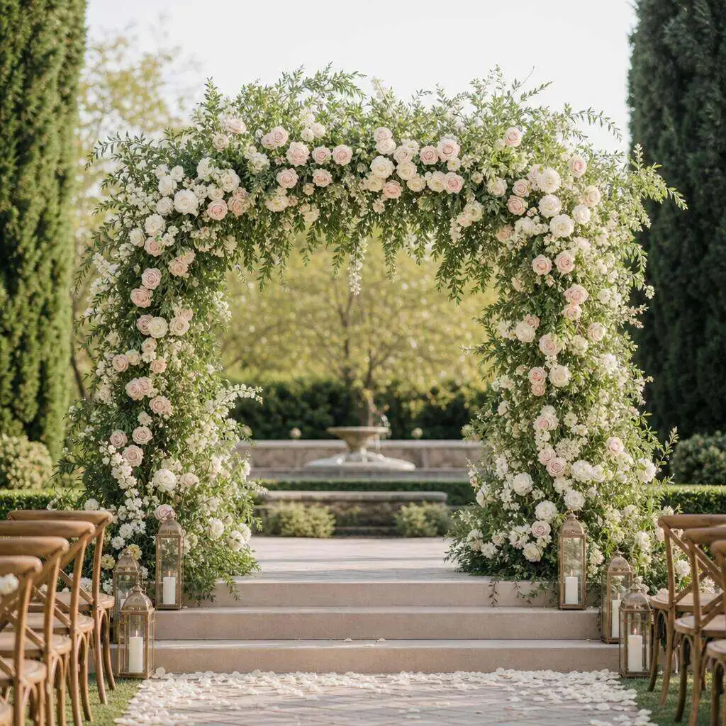 Ceremony arch dressed in seasonal flowers