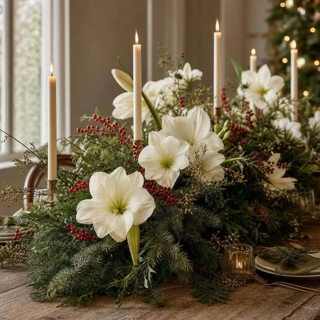 Evergreen centerpiece with amaryllis and candles