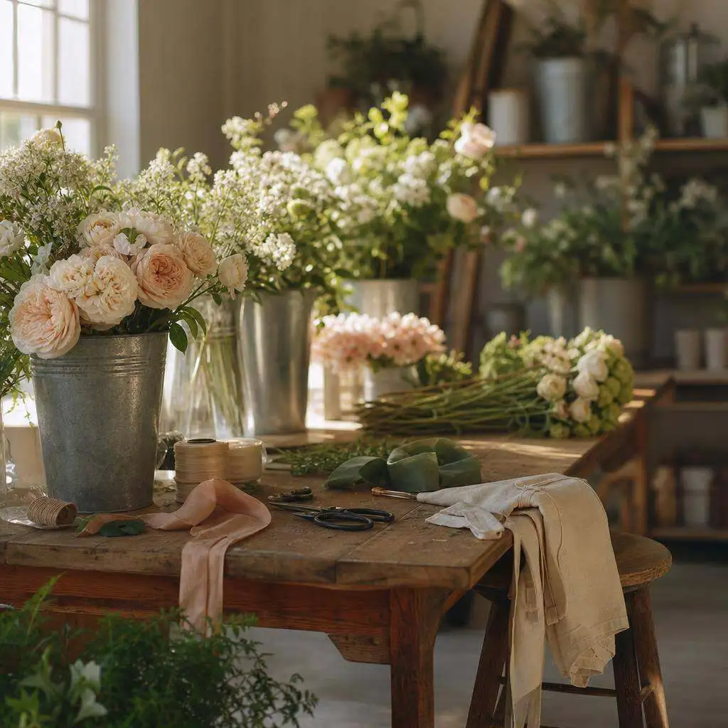 The design bench mid-arrangement, stems and shears at hand