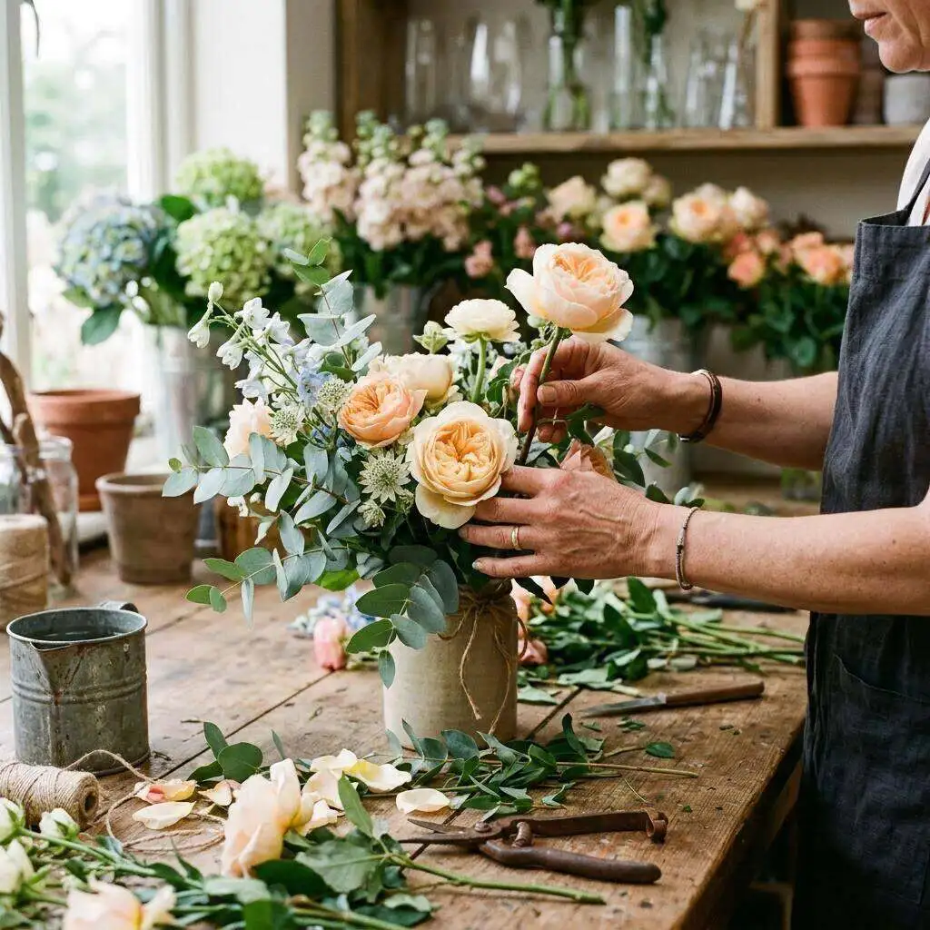 Hands arranging fresh flowers on a florist's work table