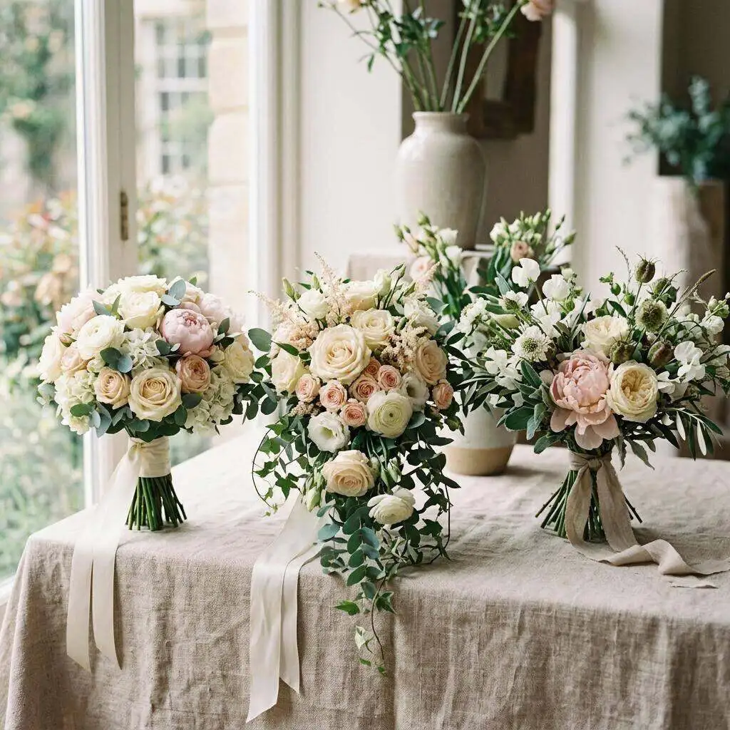 A florist's display of different bouquet styles and arrangements