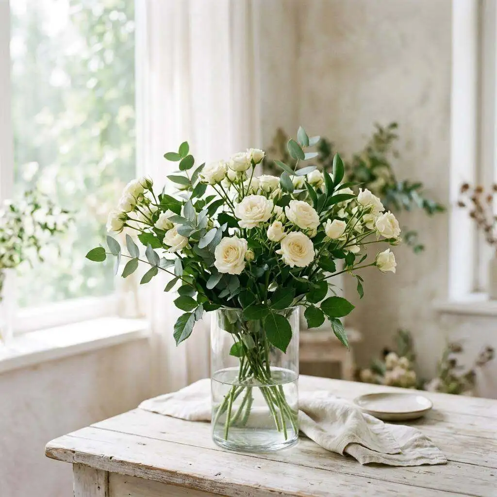 A full, budget-smart custom flower arrangement in a glass vase