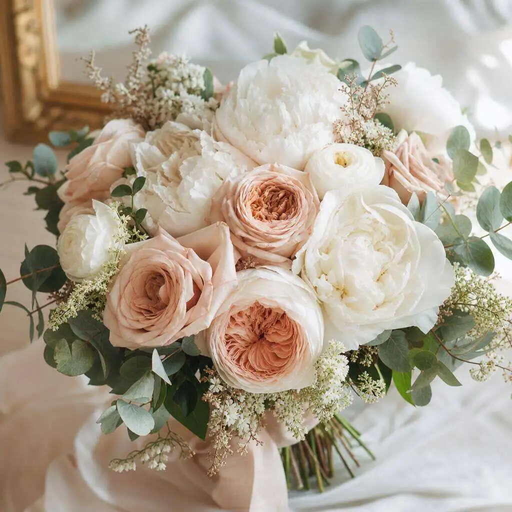 A bride holding a hand-tied wedding bouquet of garden roses and greenery