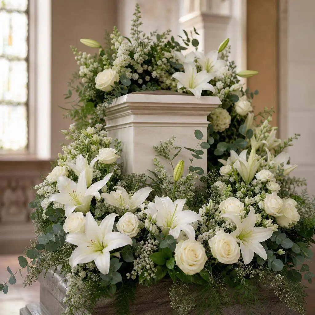 Urn wreath of soft white and green blooms