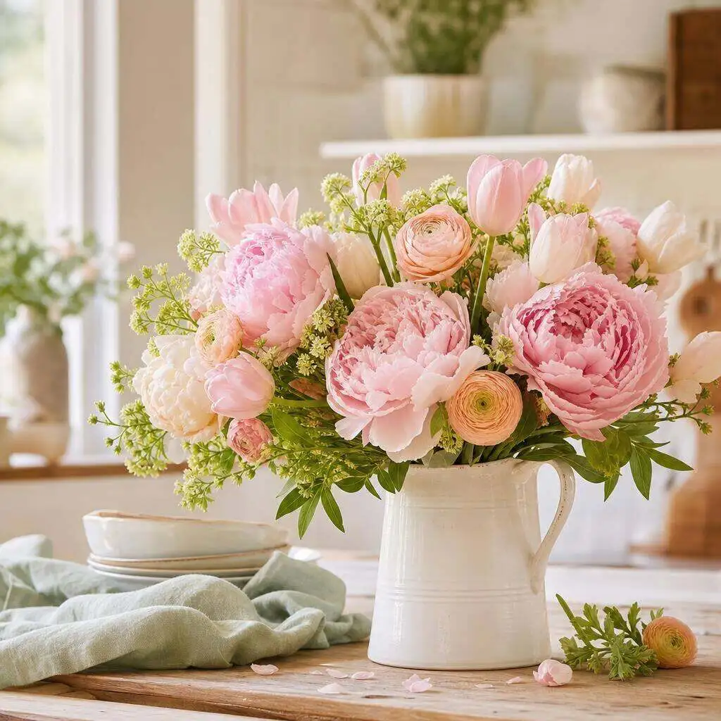 Pastel Mother's Day arrangement in a ceramic vase