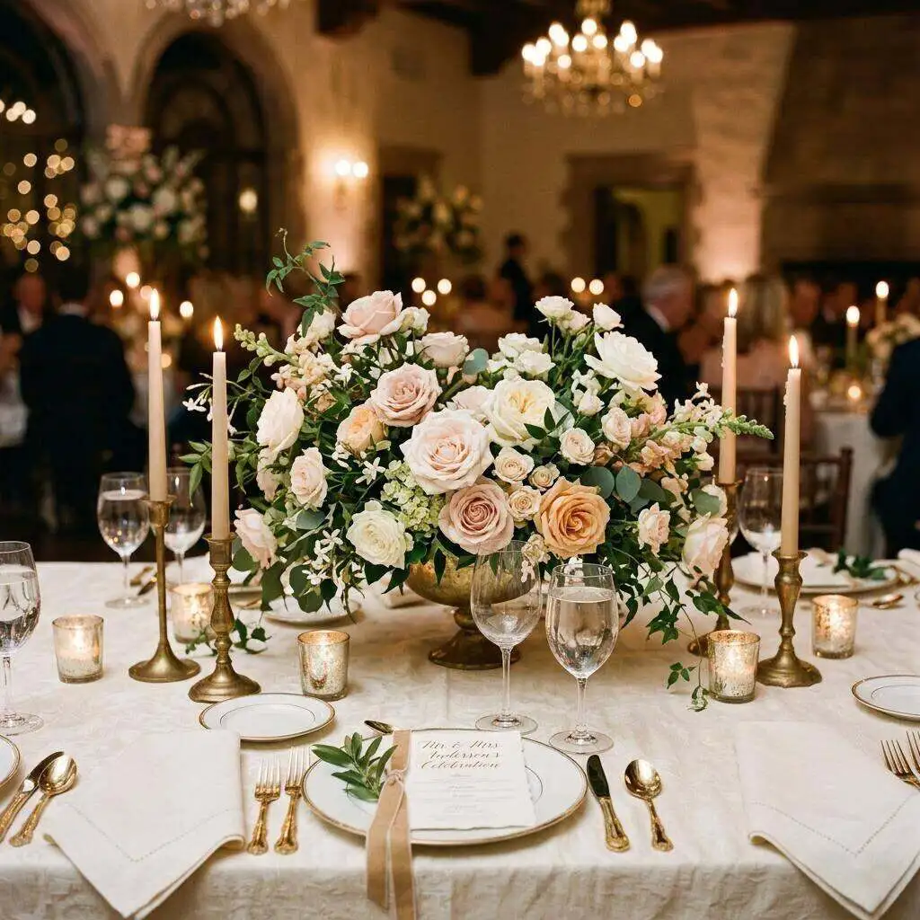 Low reception centerpiece in warm tones