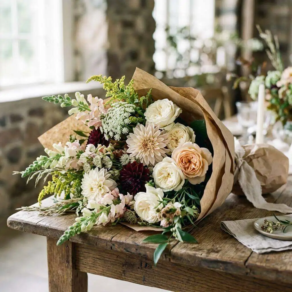 Seasonal mixed bouquet in warm light