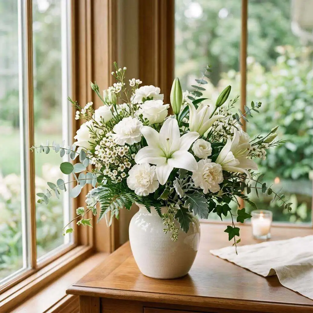 White sympathy arrangement with lilies