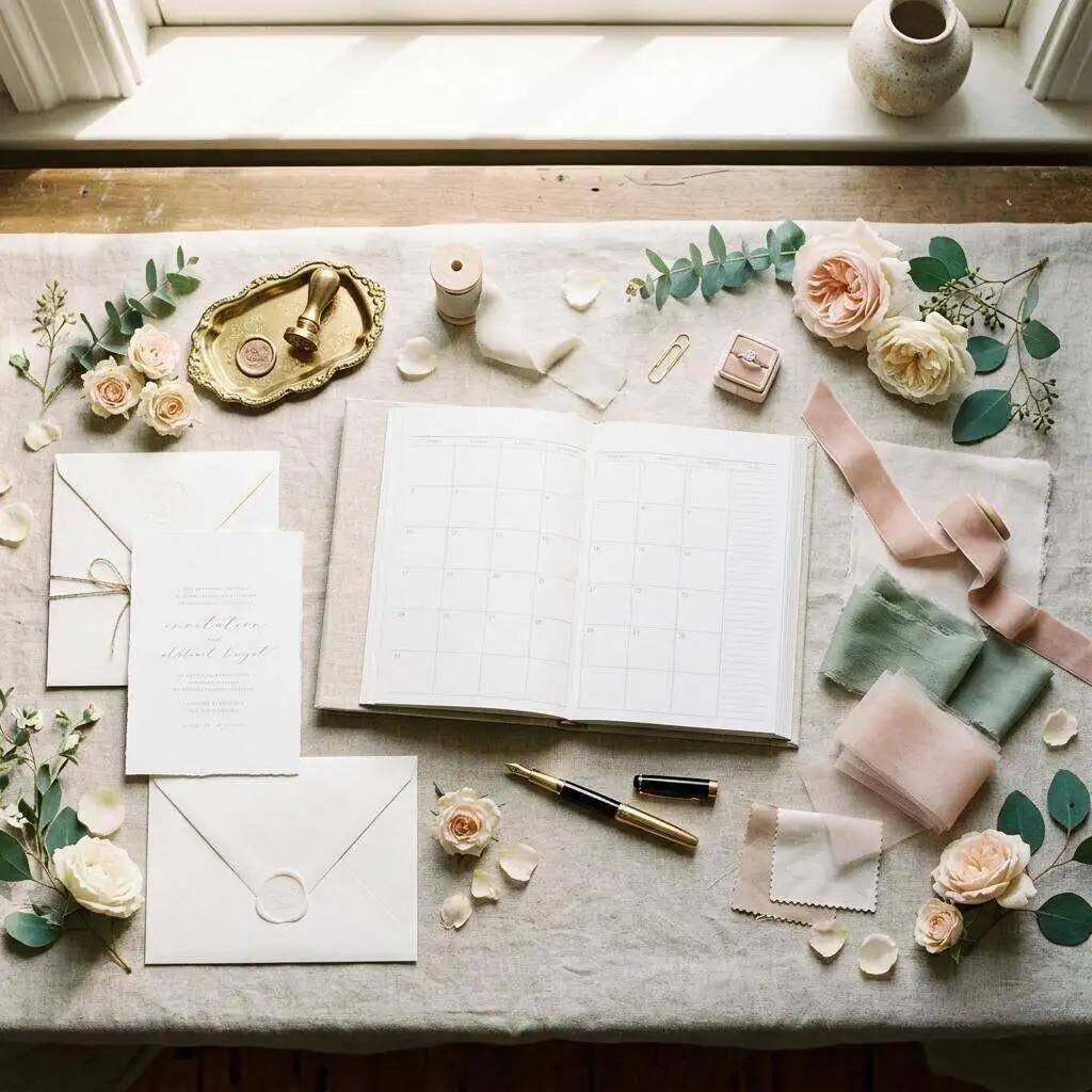 A wedding planning desk with a calendar, notes, and fresh flowers